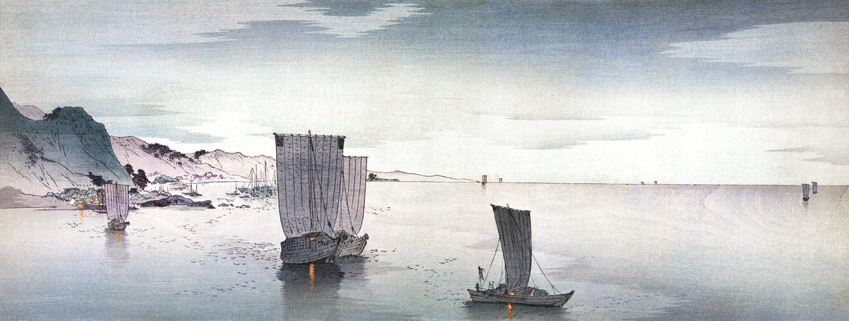 Yugure no hansen, Sailboats at Dusk — Ohara Koson