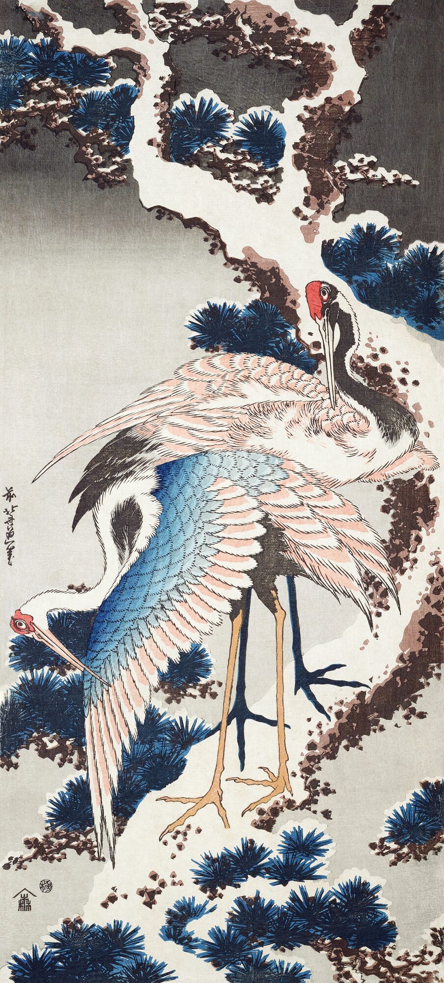 Two Cranes on a Snow-covered Pine Tree — Katsushika Hokusai