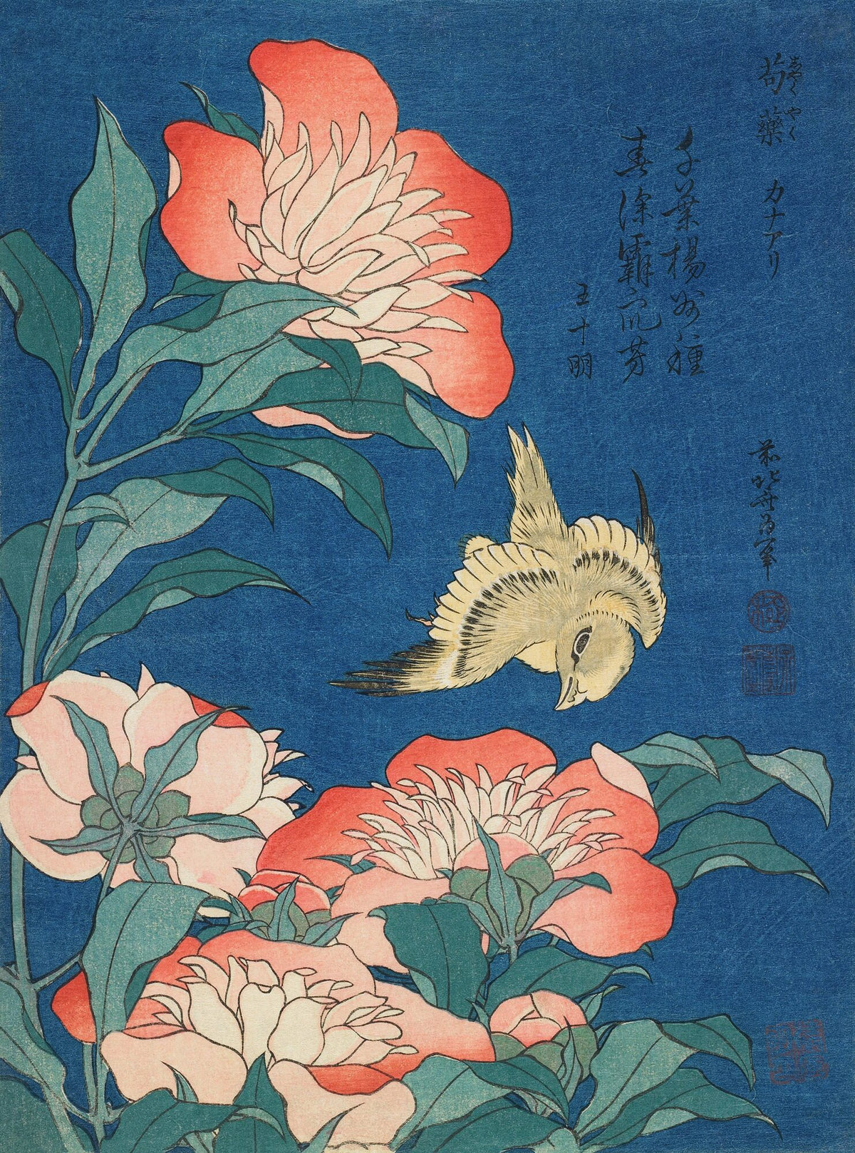 Peonies and canary — Katsushika Hokusai