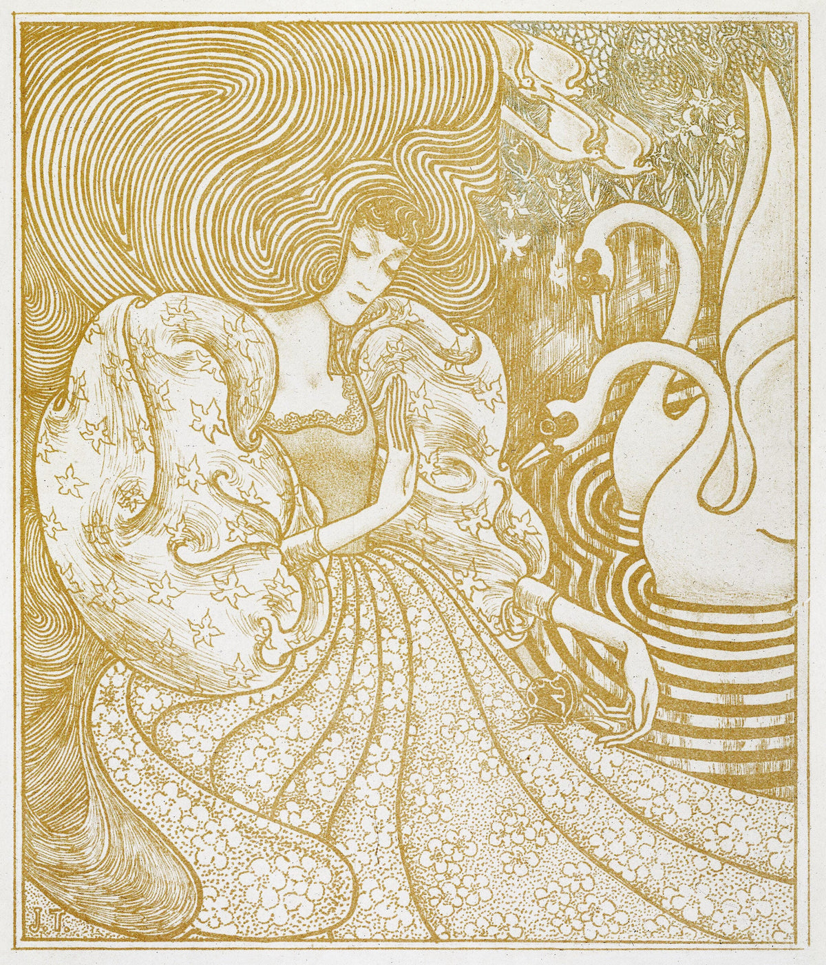 Woman with a Butterfly at a Pond with Two Swans — Jan Toorop