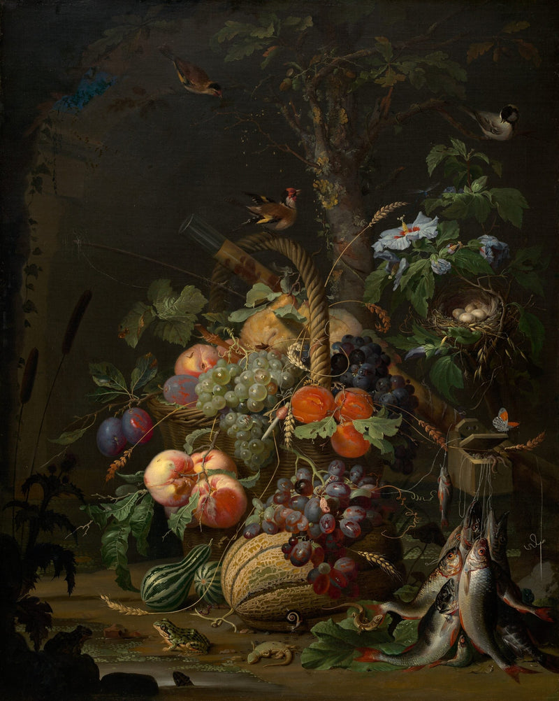 Still Life with Fruit, Fish, and a Nest — Abraham Mignon