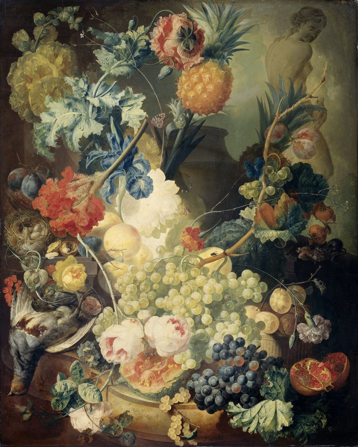 Still Life with Flowers, Fruit and Birds — Jan van Os