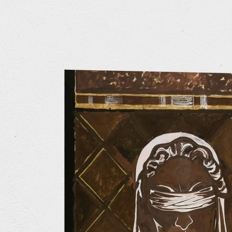 Head of the blindfolded Justitia — unframed, corner detail