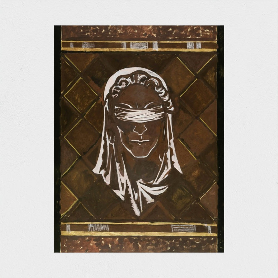 Head of the blindfolded Justitia — unframed, front