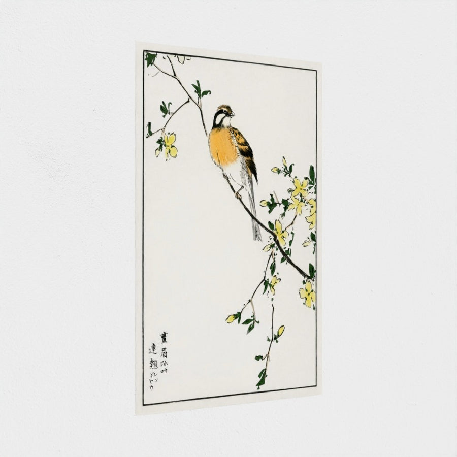 Japanese Meadow Bunting and Golden Ball illustration — unframed, at an angle