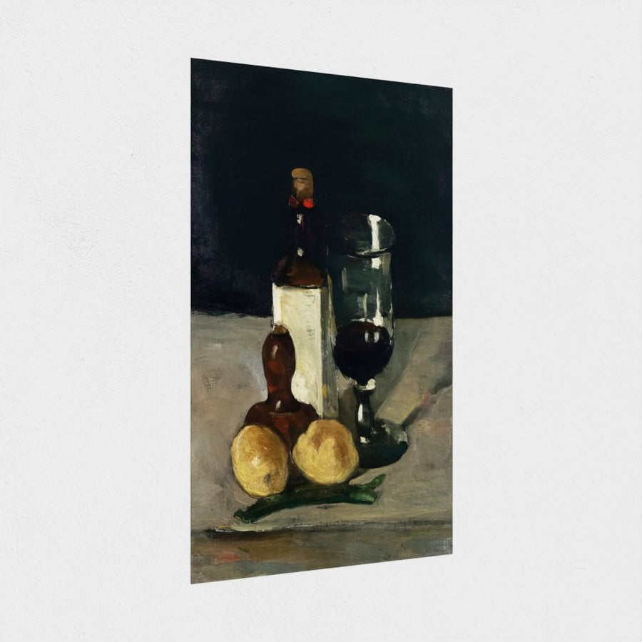 Still Life with Bottle, Glass, and Lemons — unframed, at an angle