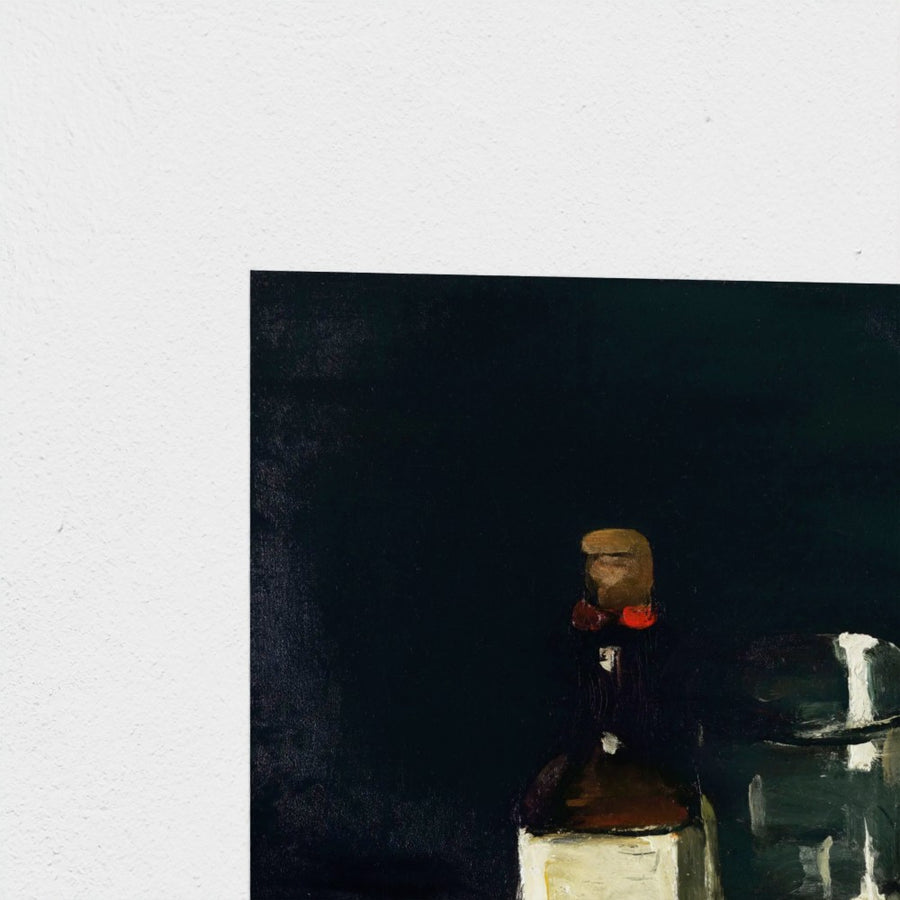 Still Life with Bottle, Glass, and Lemons — unframed, corner detail