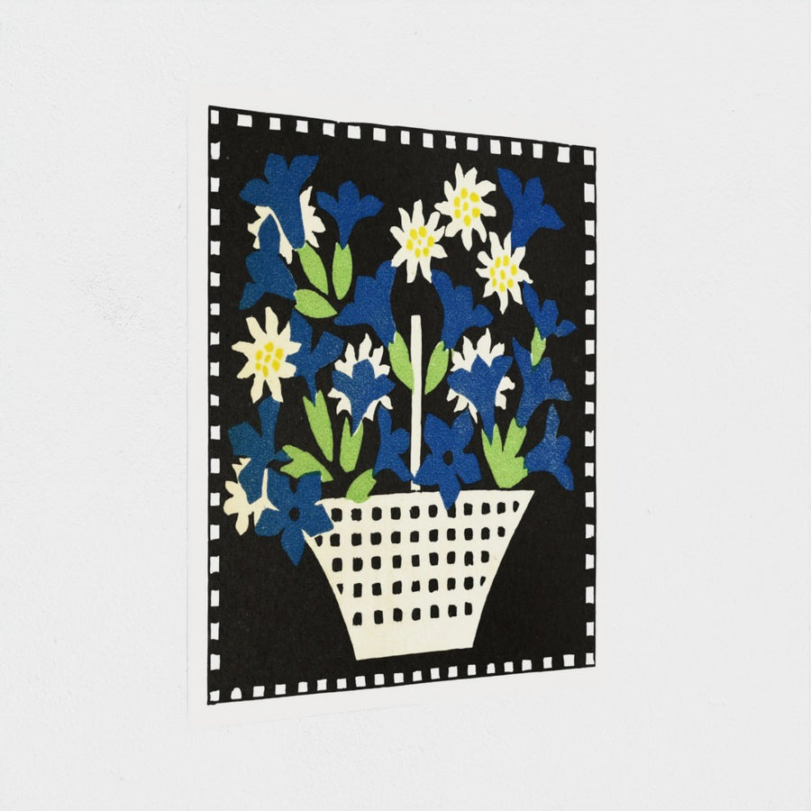 Basket of Flowers, in blue and white — unframed, at an angle
