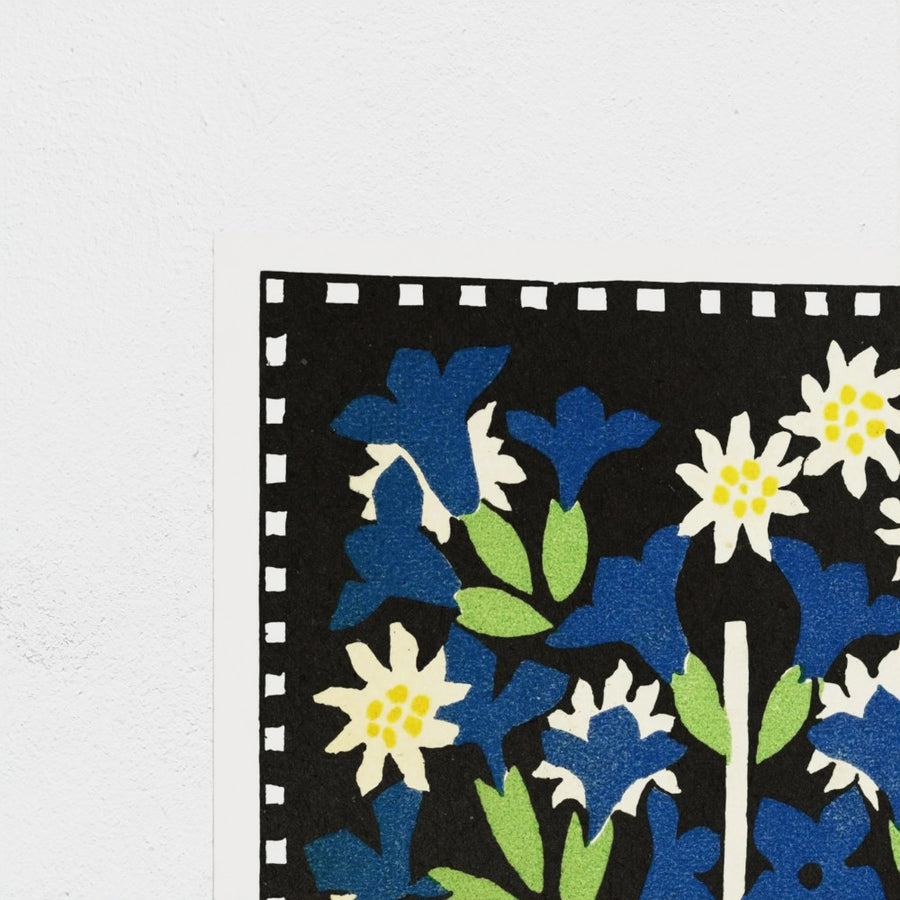 Basket of Flowers, in blue and white — unframed, corner detail