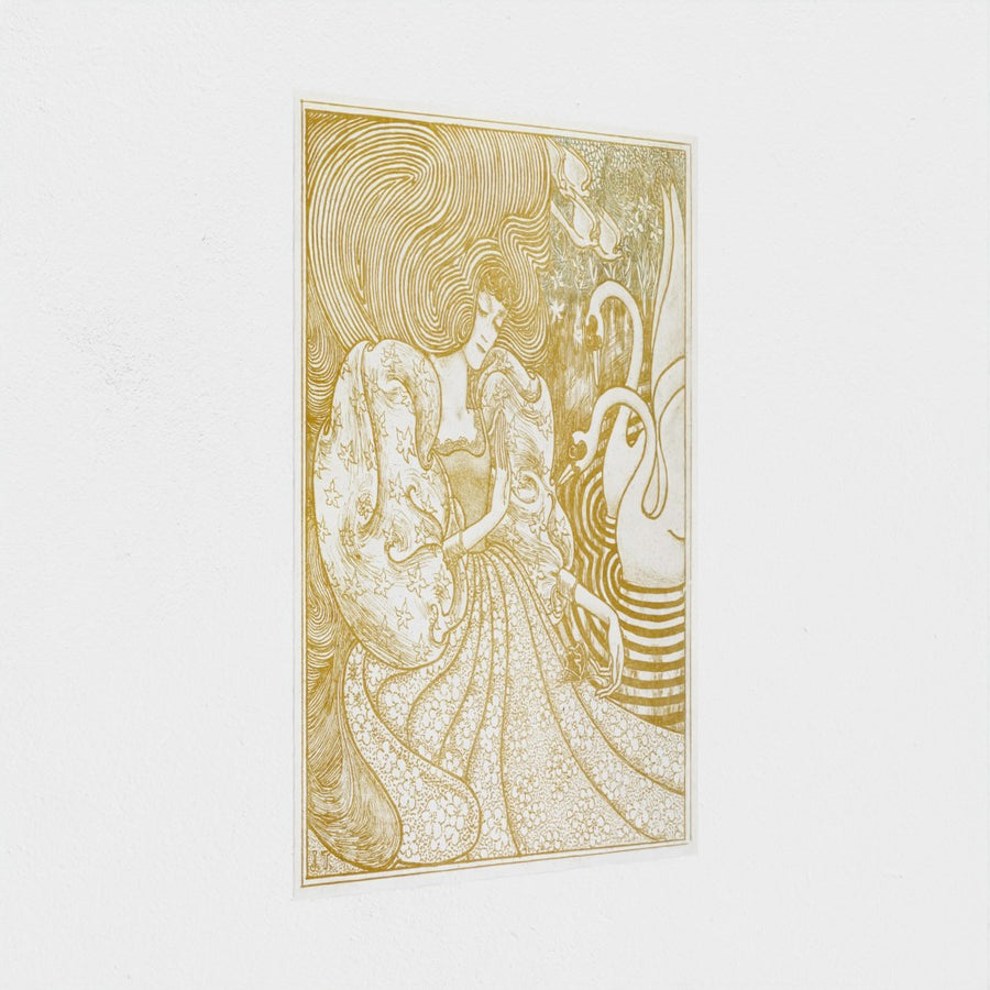 Woman with a Butterfly at a Pond with Two Swans — unframed, at an angle