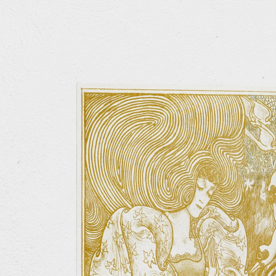 Woman with a Butterfly at a Pond with Two Swans — unframed, corner detail