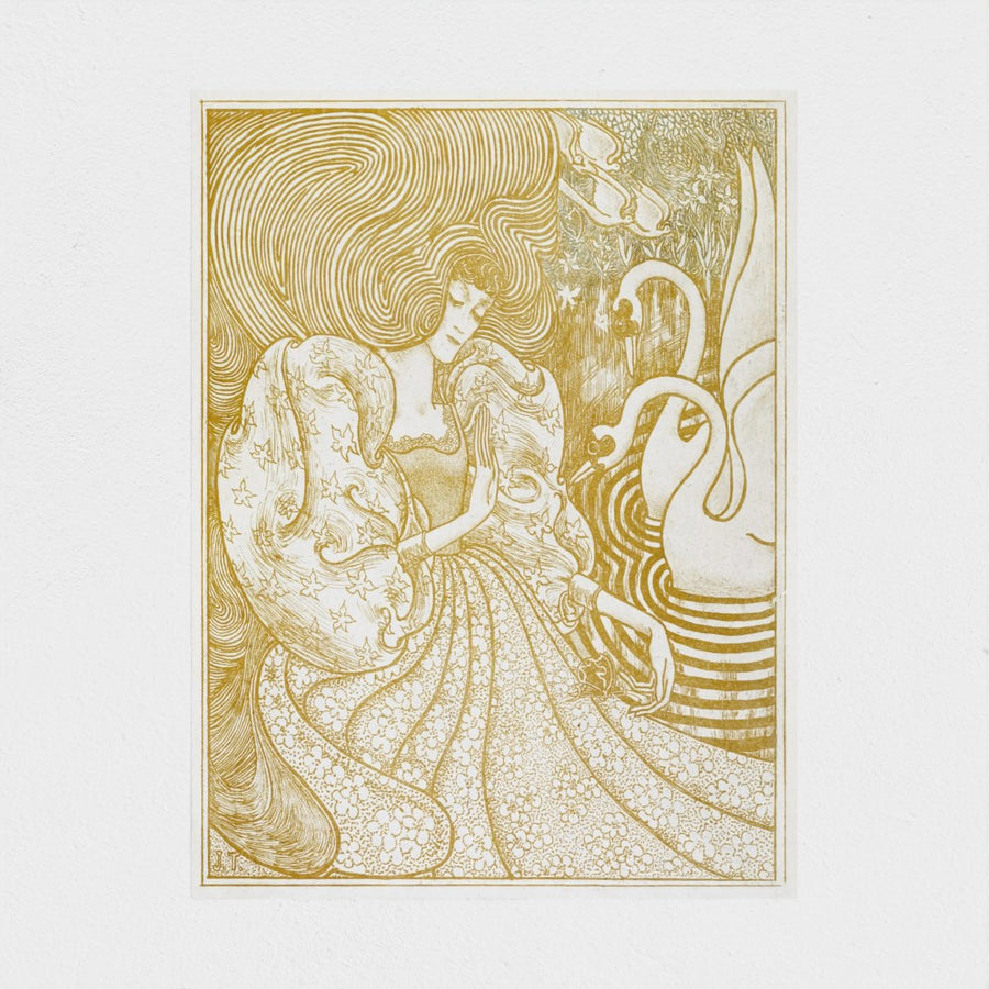 Woman with a Butterfly at a Pond with Two Swans — unframed, front