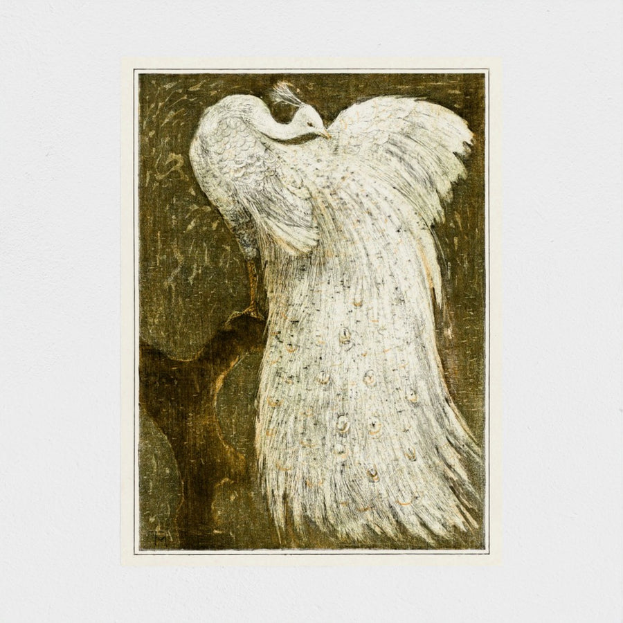 Witte pauw op tak — unframed, front