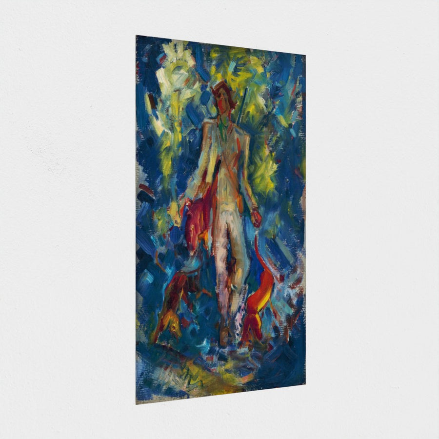 Standing Huntsman with Two Dogs — unframed, at an angle
