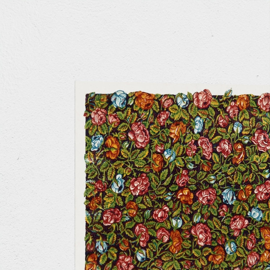 Sheet with Overall Floral Pattern on a Dark Background — unframed, corner detail