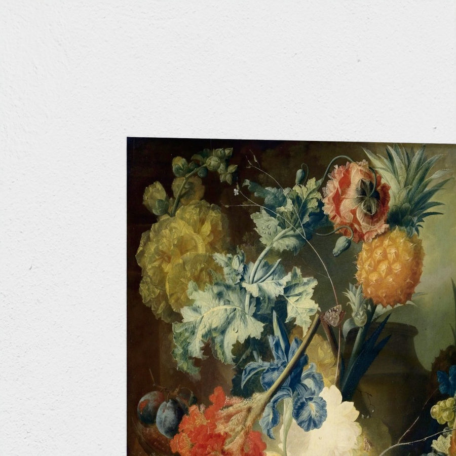 Still Life with Flowers, Fruit and Birds — unframed, corner detail