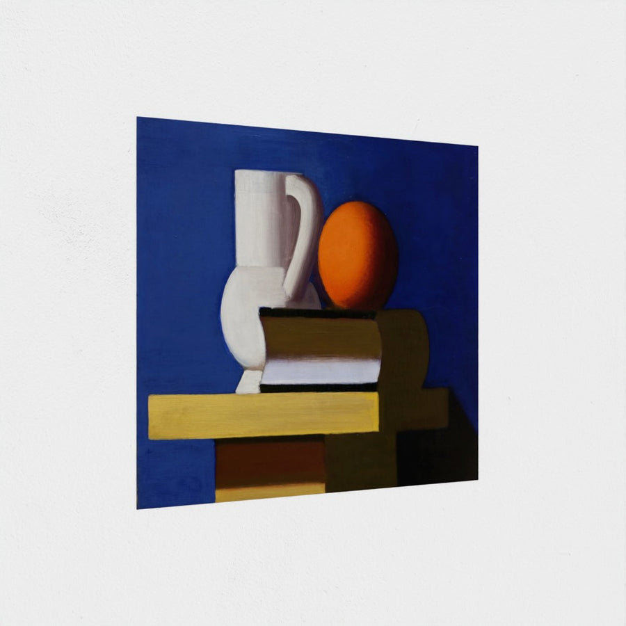 Still Life with White Jar, Orange and Book — unframed, at an angle