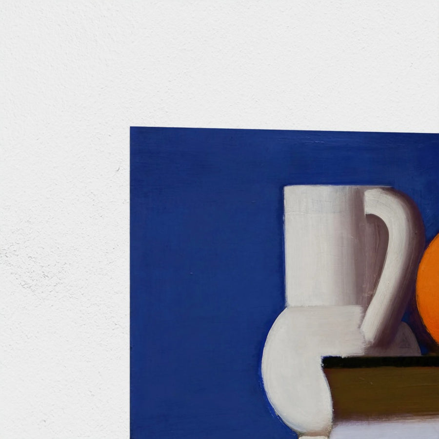 Still Life with White Jar, Orange and Book — unframed, corner detail