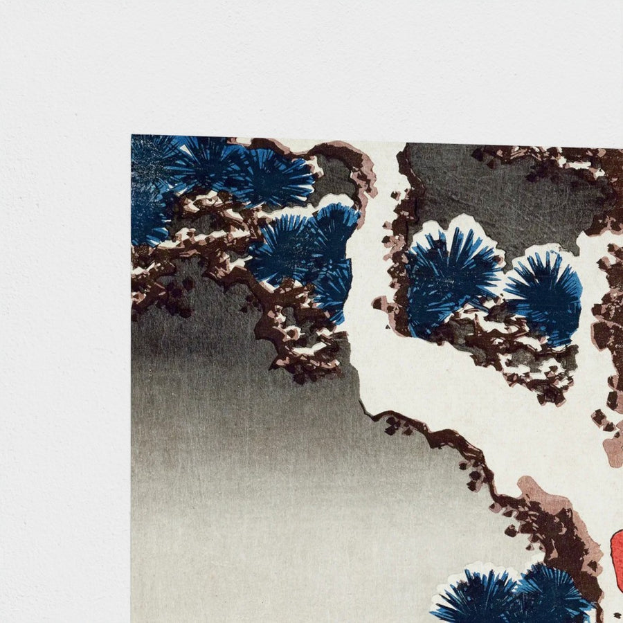 Two Cranes on a Snow-covered Pine Tree — unframed, corner detail