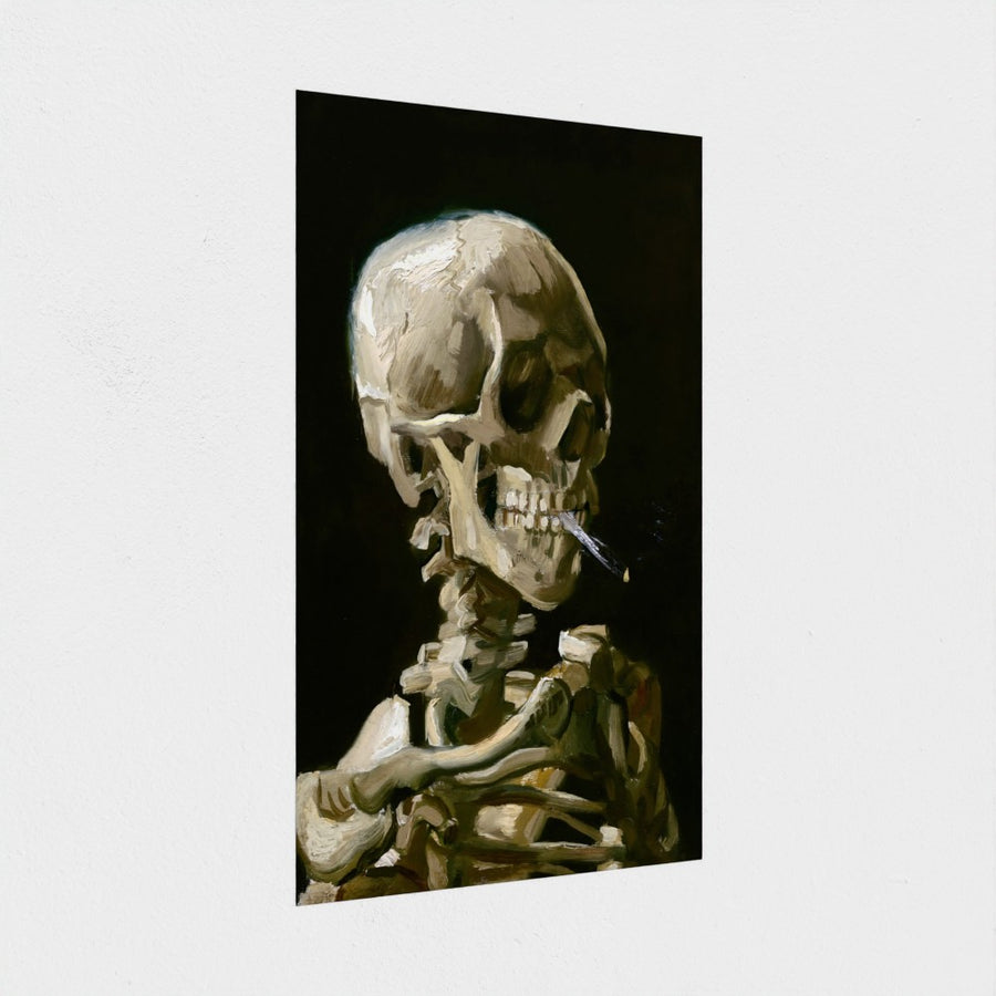 Head of a skeleton with a burning cigarette — unframed, at an angle