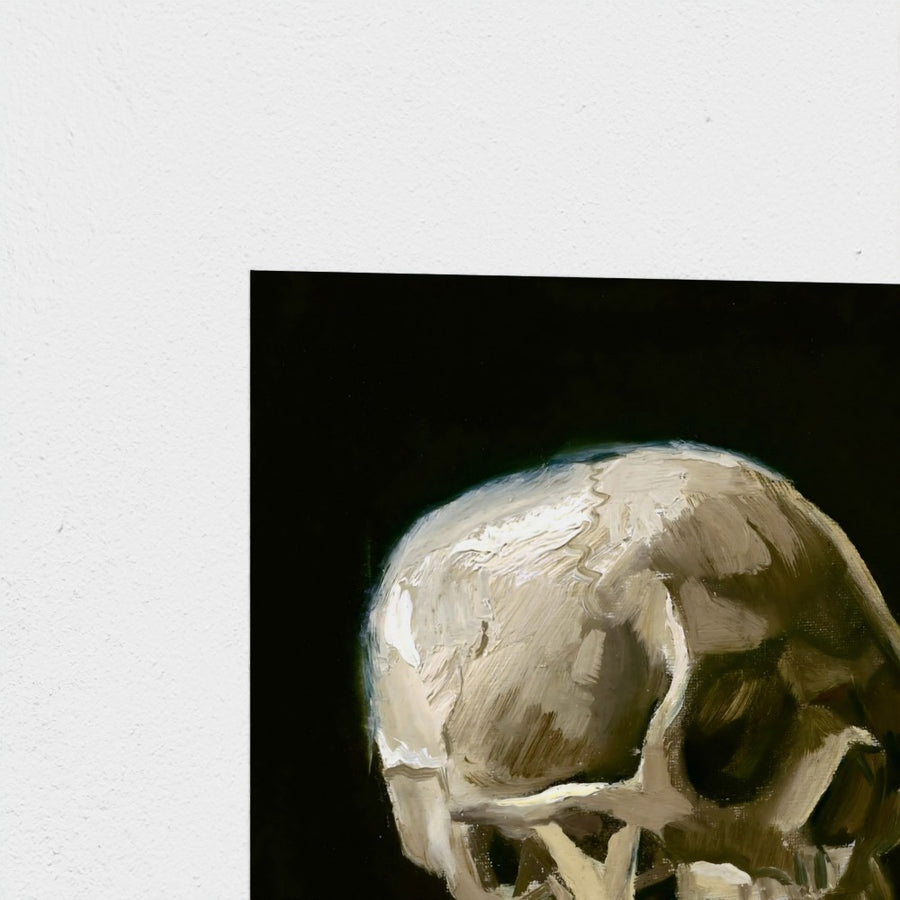 Head of a skeleton with a burning cigarette — unframed, corner detail