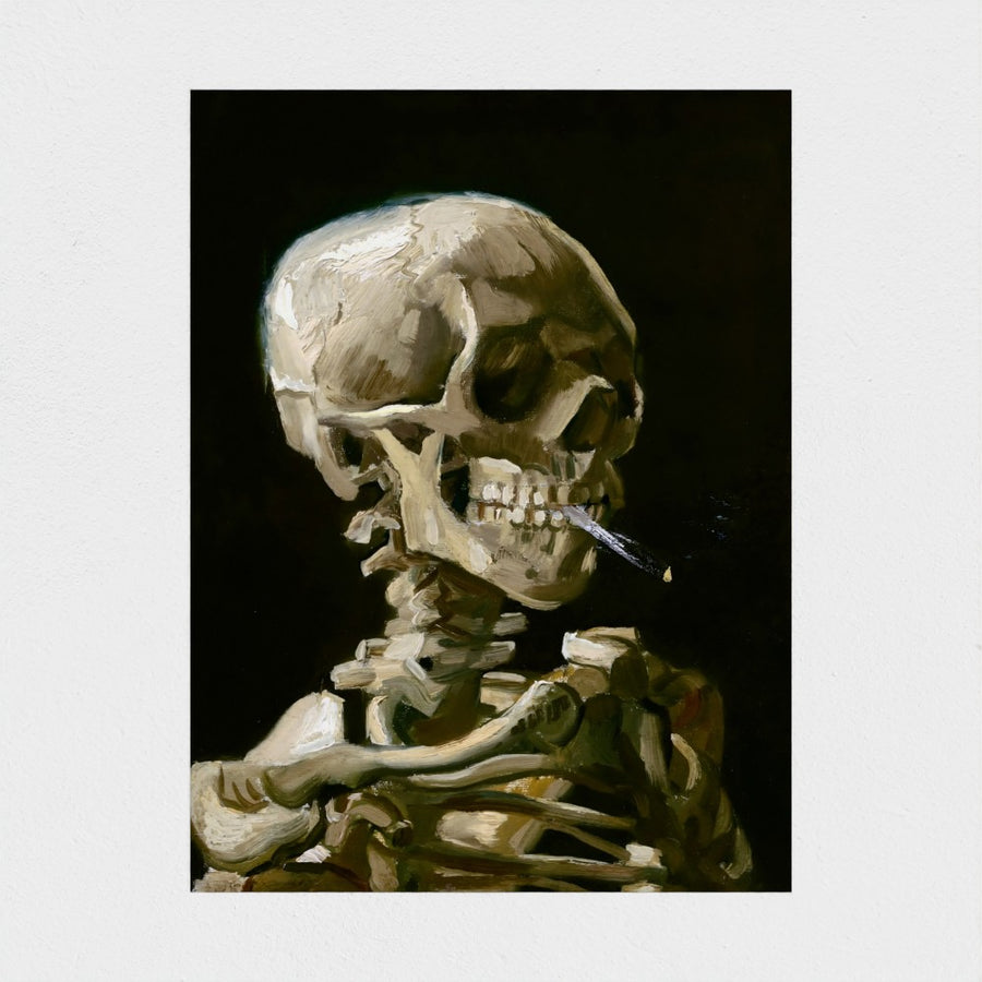 Head of a skeleton with a burning cigarette — unframed, front