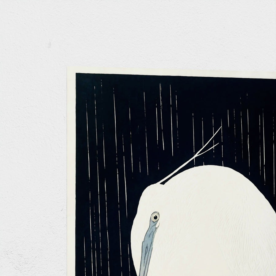 Egret in the rain — unframed, corner detail