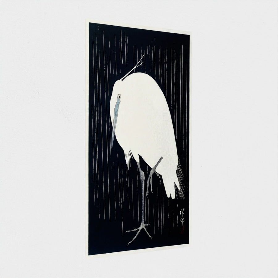 Egret in the rain — unframed, at an angle
