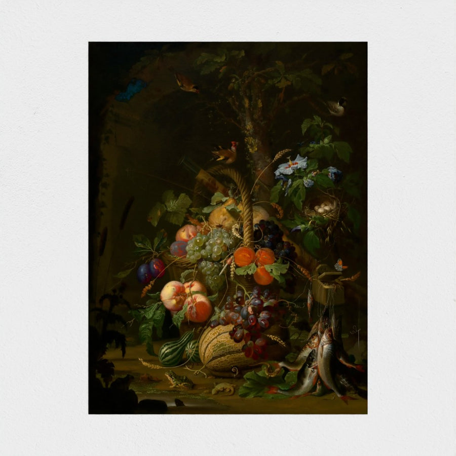 Still Life with Fruit, Fish, and a Nest — unframed, front