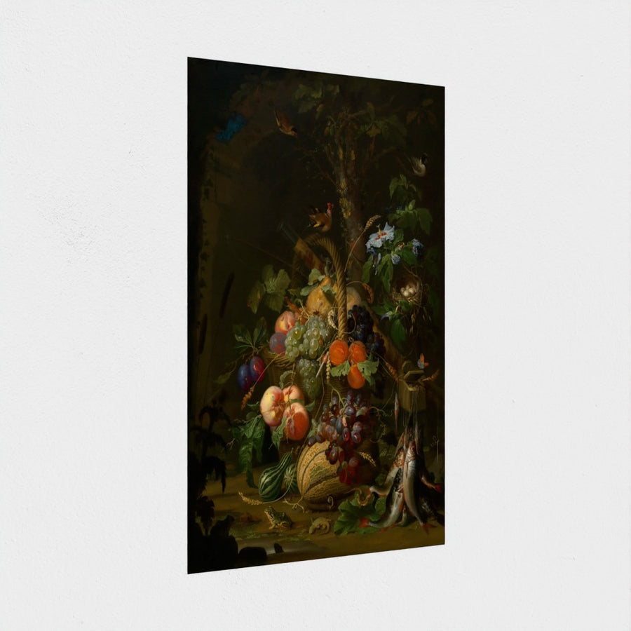 Still Life with Fruit, Fish, and a Nest — unframed, at an angle