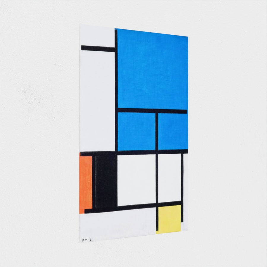 Composition with Large Blue Plane, Red, Black, Yellow, and Gray — unframed, at an angle