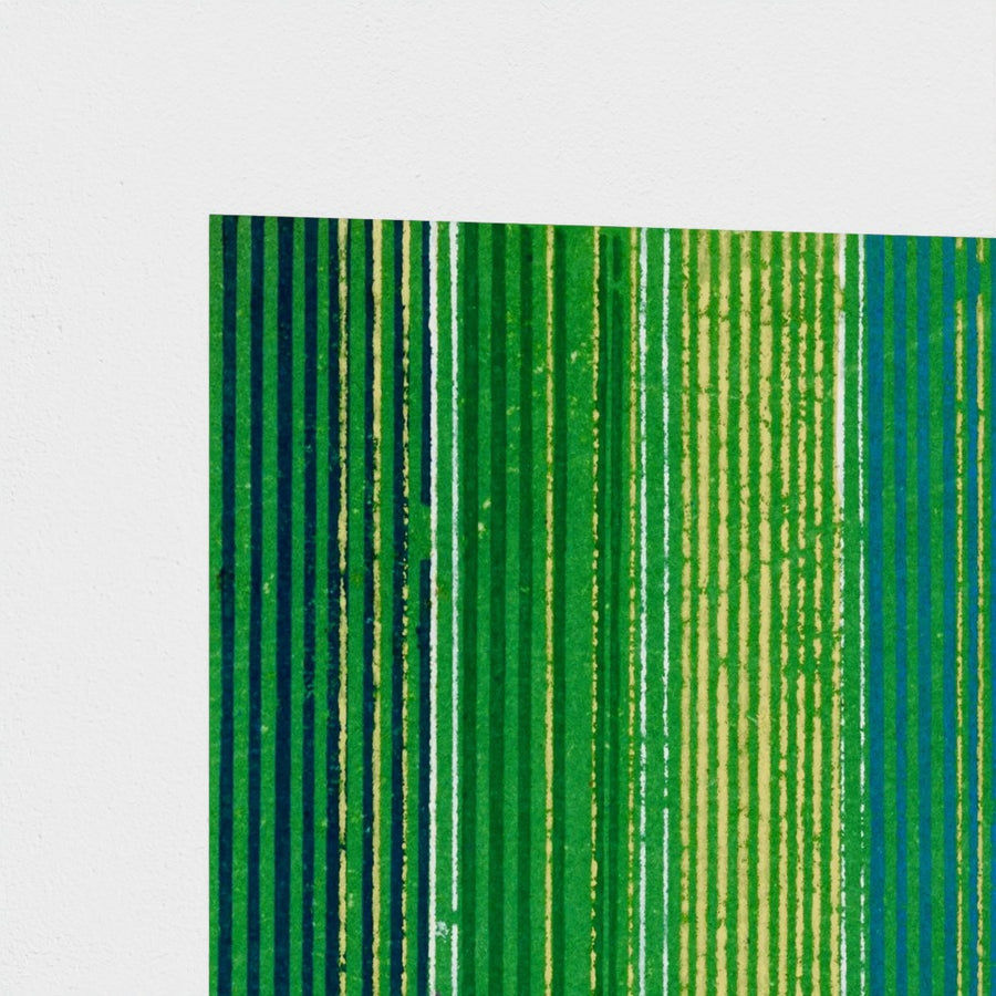 Japanese textile design, green stripes — unframed, corner detail