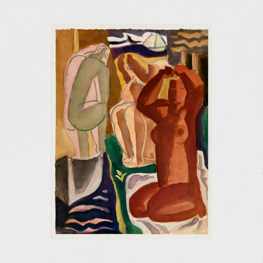 Two bathing women and a bridge figure — unframed, front