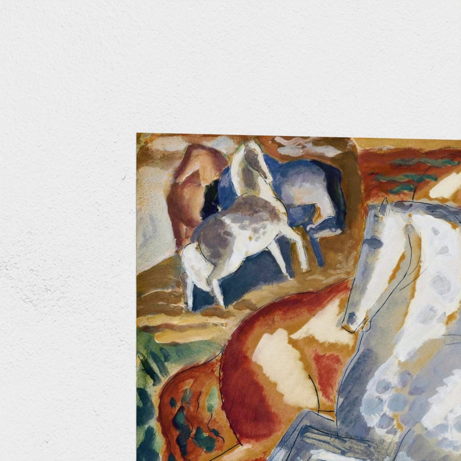 Horses in landscape — unframed, corner detail