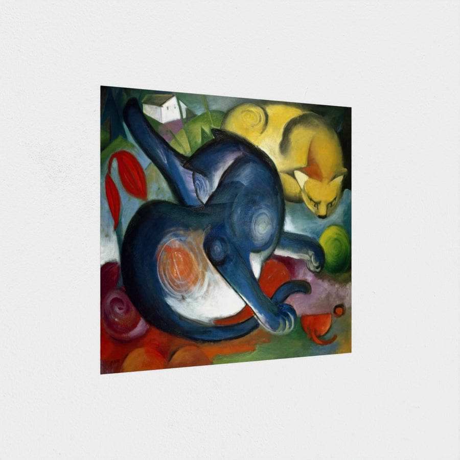 Two Cats, Blue and Yellow — unframed, at an angle