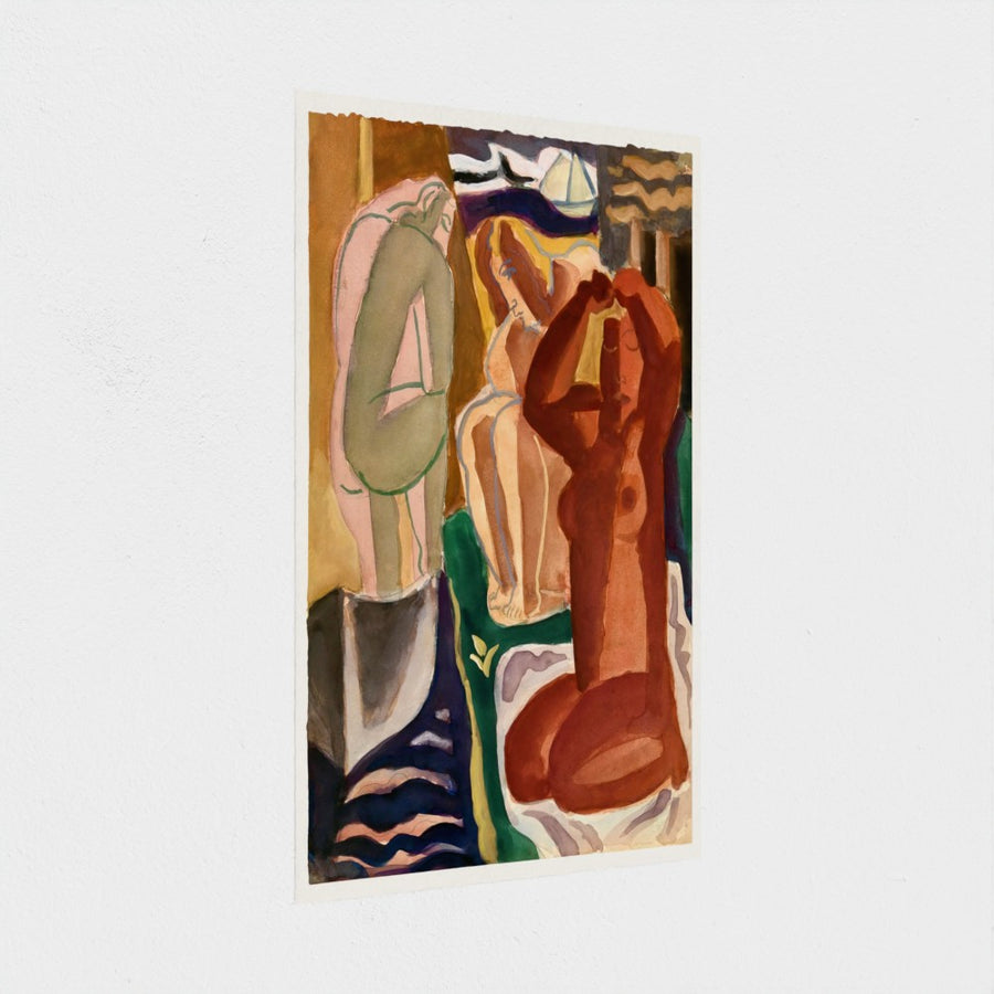 Two bathing women and a bridge figure — unframed, at an angle