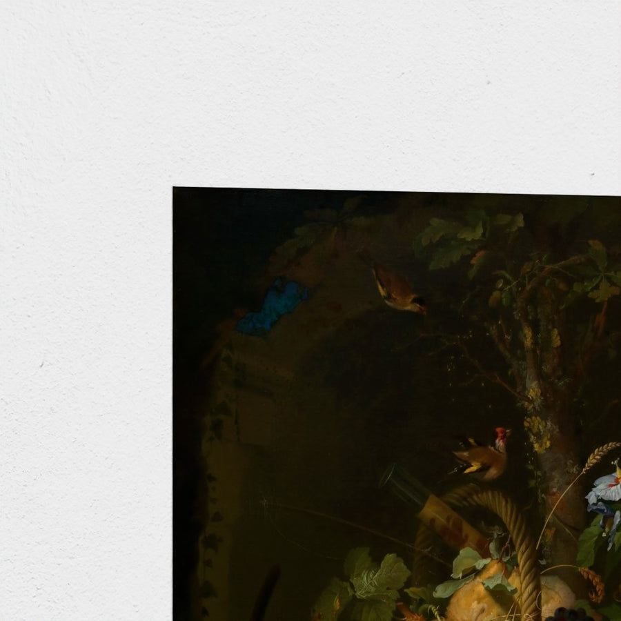 Still Life with Fruit, Fish, and a Nest — unframed, corner detail