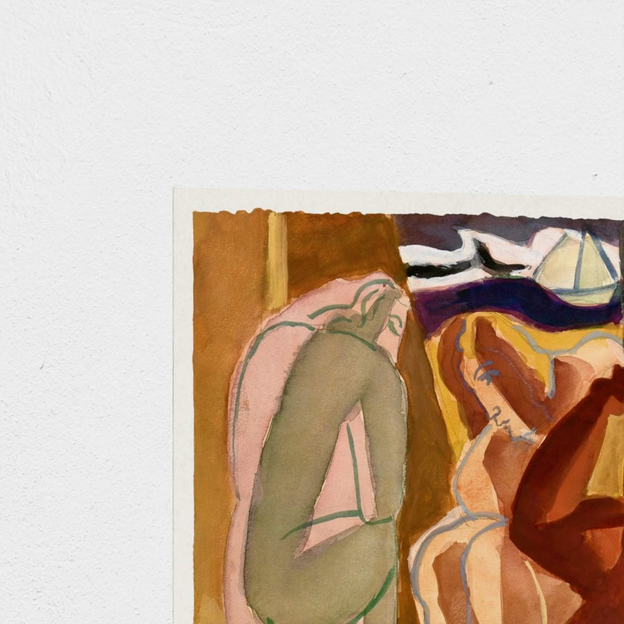 Two bathing women and a bridge figure — unframed, corner detail
