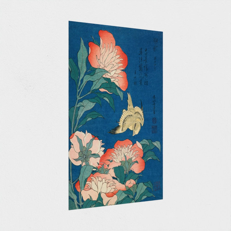 Peonies and canary — unframed, at an angle