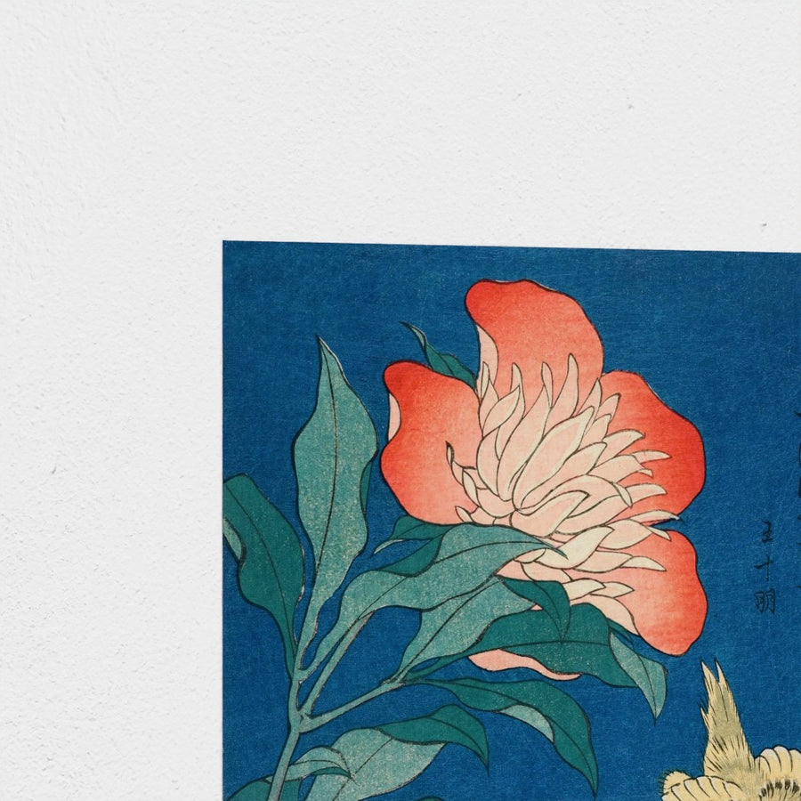 Peonies and canary — unframed, corner detail