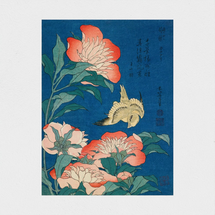 Peonies and canary — unframed, front