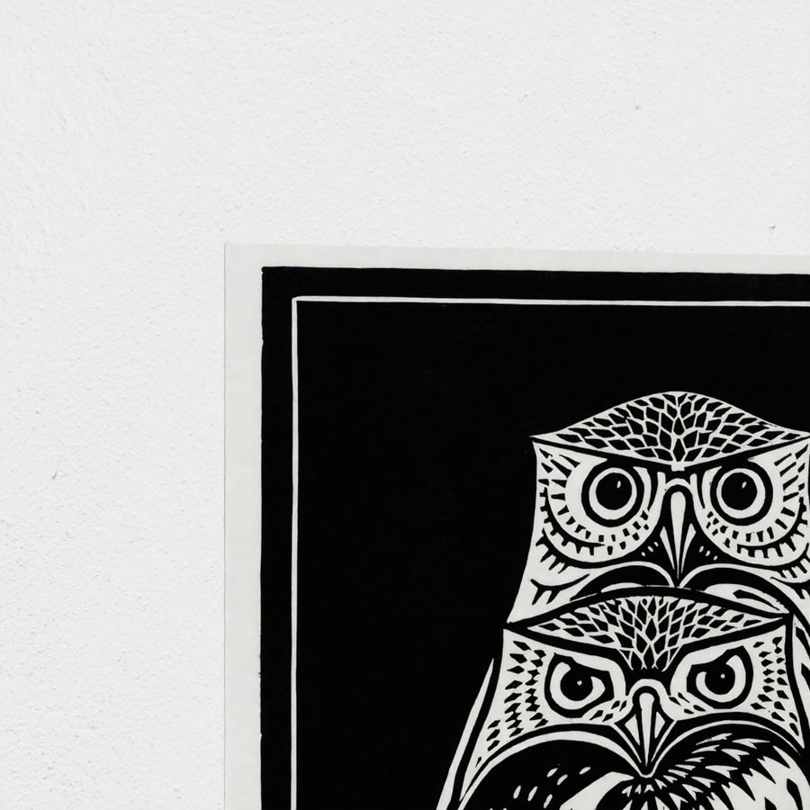 Two owls — unframed, corner detail